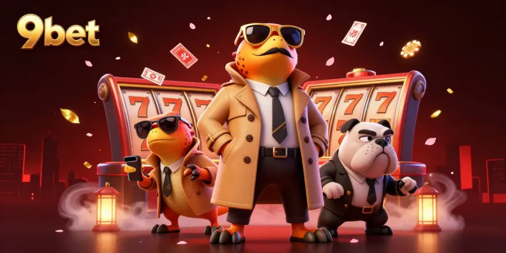 9bet offers thrilling slots and casino action, featuring raptors in a trench coat navigating a VIP lounge.