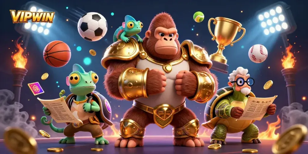 VIPWIN gaming scene depicting a powerful gorilla king and his companions celebrating with dynamic sports elements.