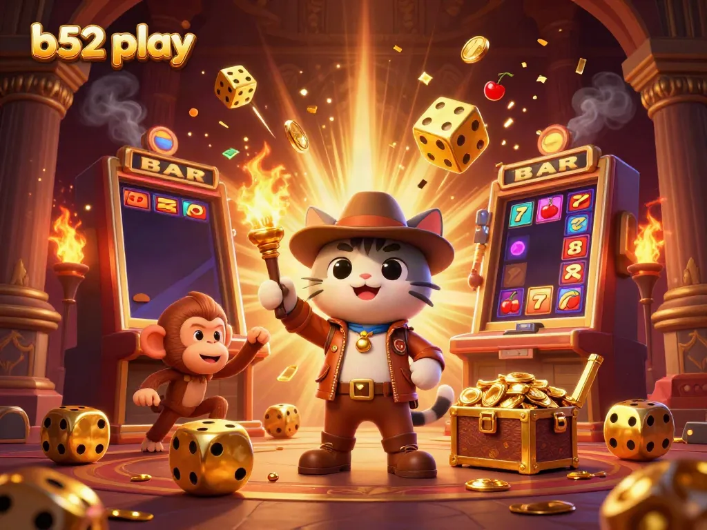 Engage in thrilling b52 play with a vibrant scene of an explorer cat uncovering a casino artifact.