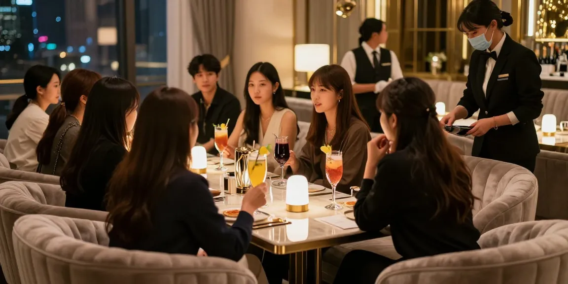 강남 구구단에서의 우아한 사교 모임을 보여주는 장면