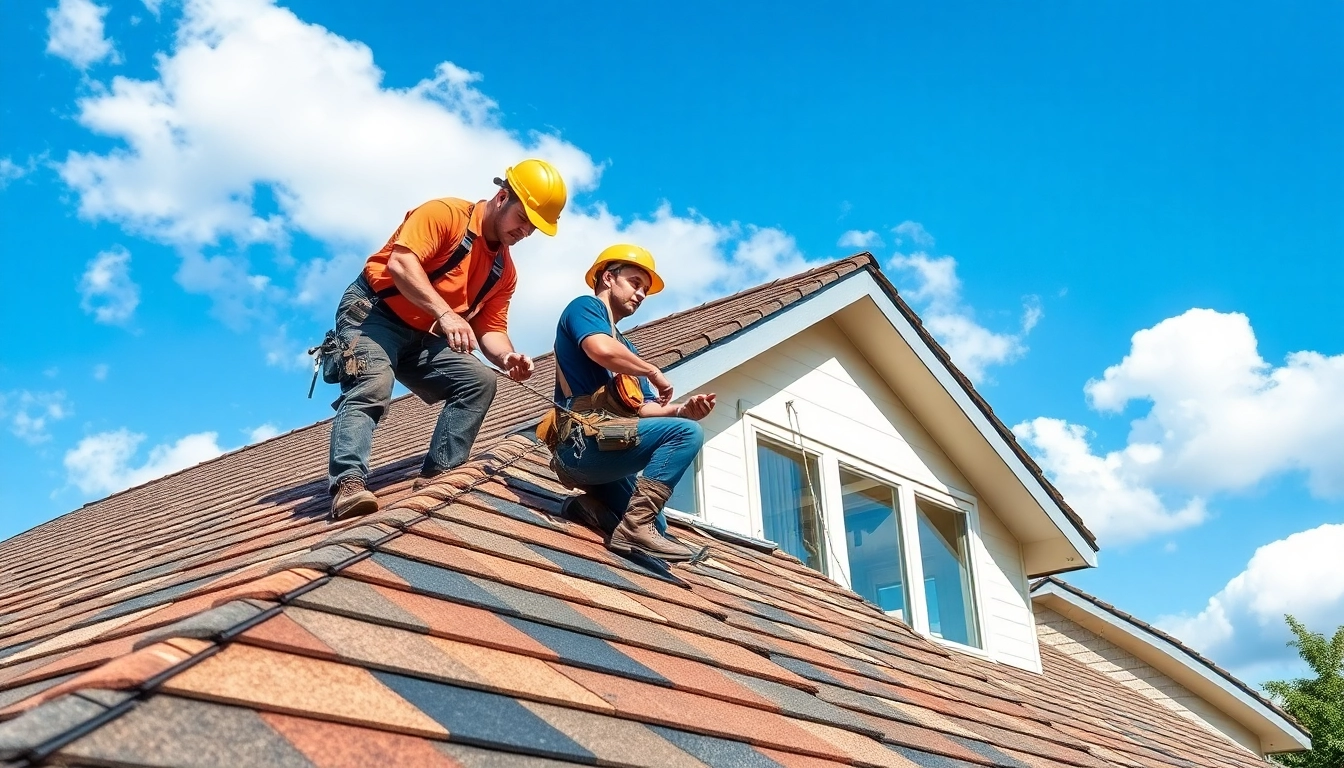 Roofing company professionals installing shingles on a modern home in bright sunlight.