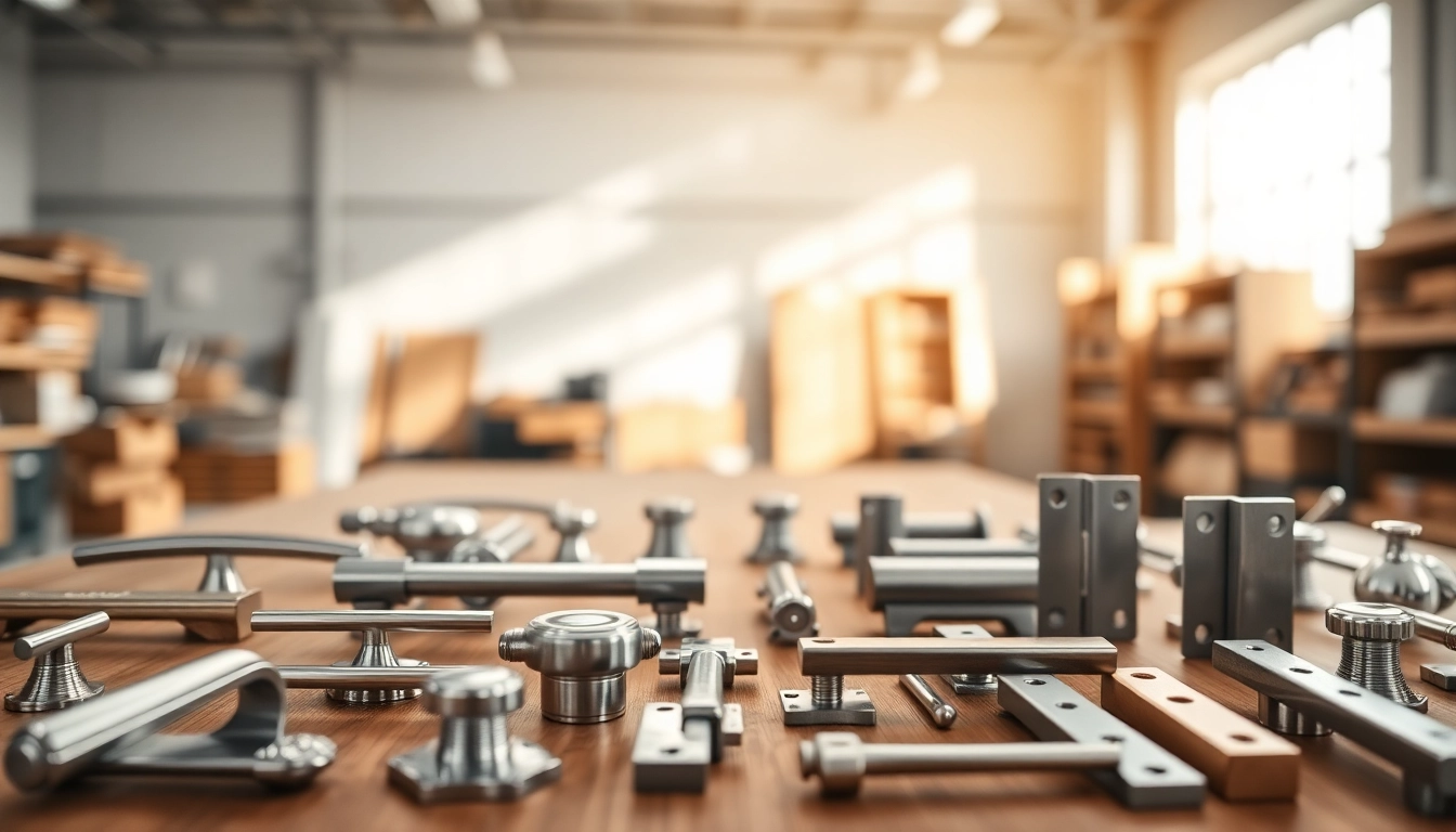 Showcase of premium hardware components by a furniture hardware supplier in a bright workshop setting.