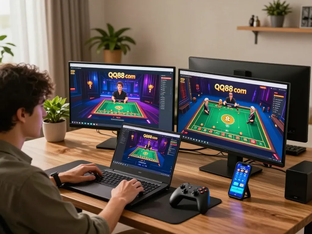 Engage with QQ88 com through an immersive online gaming experience in a modern setup.