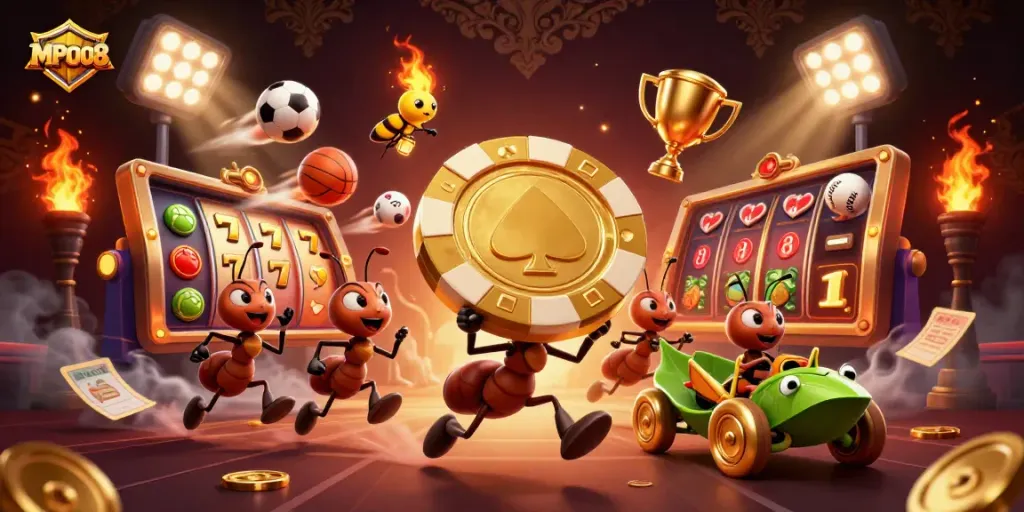 MPO08 illustrates a team of cartoon ants in a heist, showcasing vibrant slot symbols and golden chips.