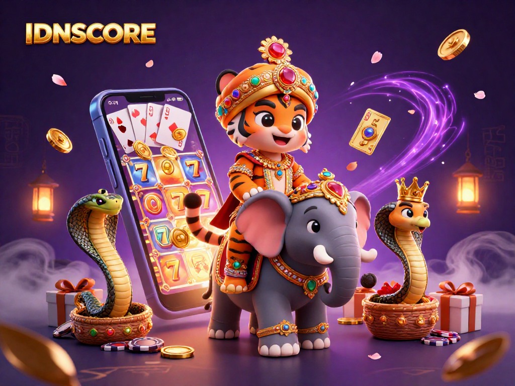 IDNSCORE presents an engaging casino scene with a Maharaja tiger, a jewel elephant, and vibrant slot game elements.
