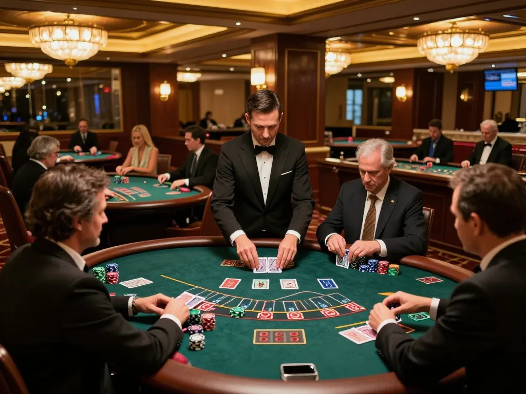 C168 players strategizing bets at a luxurious blackjack table in an upscale casino environment