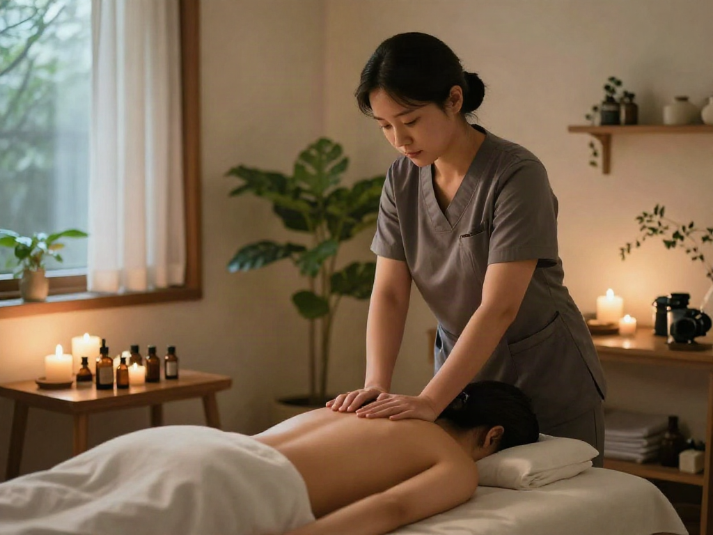 Relaxing 성북구출장마사지 scene with professional therapist and soothing ambiance.