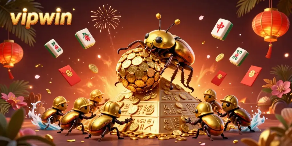 Experience the excitement of vipwin with a golden dung beetle scene, showcasing casino elements and vibrant dynamics.