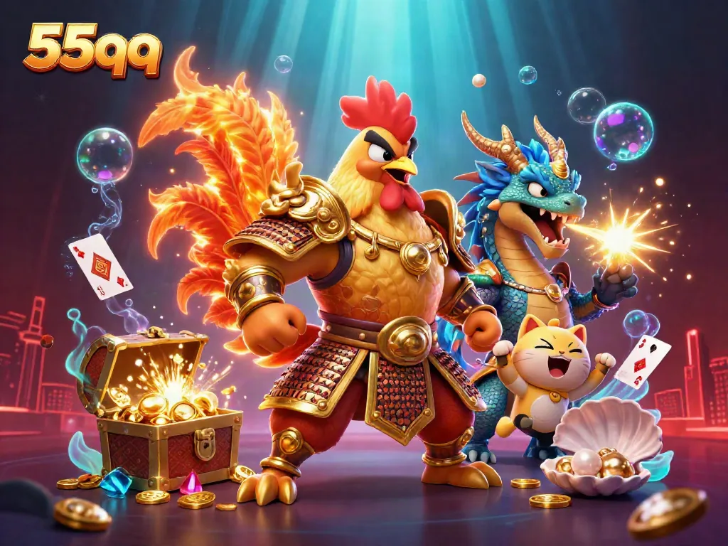 Experience the excitement of 55qq, featuring a 3D rooster warrior, dragon hatchling, and treasure elements for online gaming.