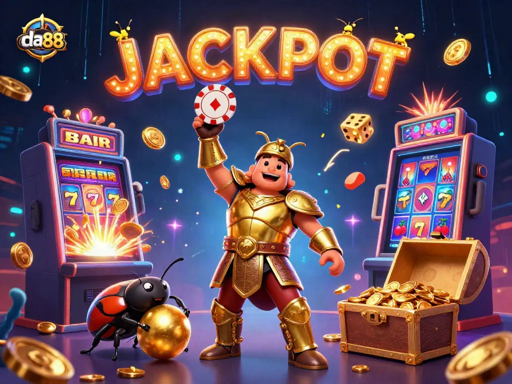 Win big at da88 with a 3D beetle in gladiator armor lifting a poker chip amidst jackpot celebrations