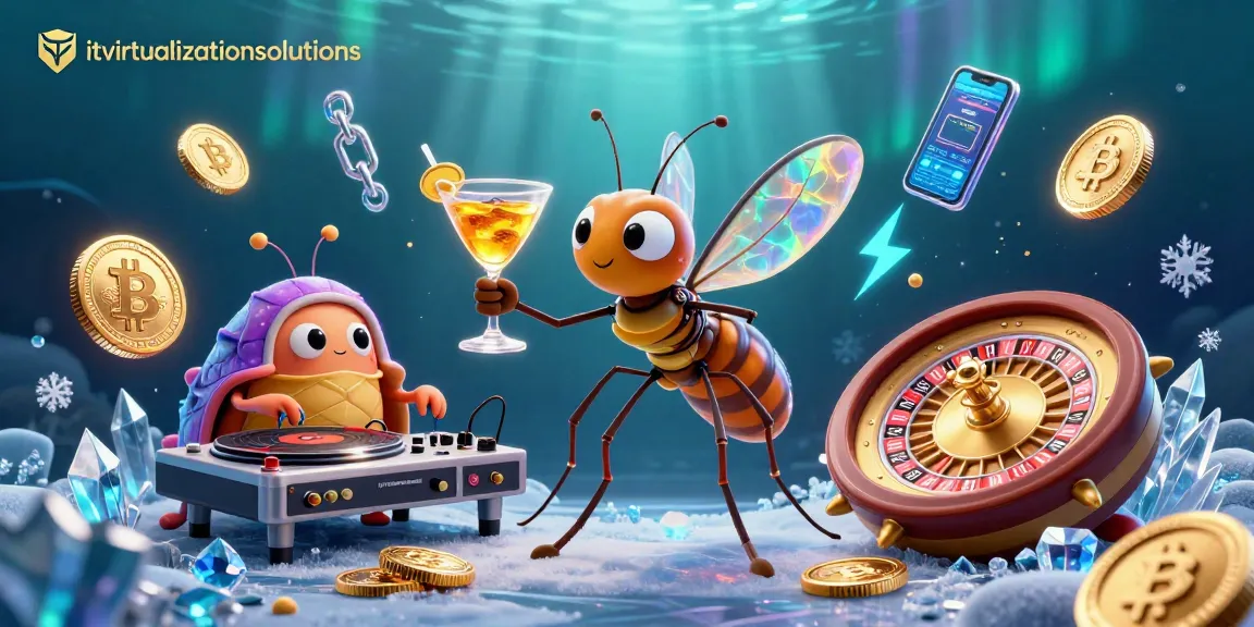 Activate your gaming spirit with itvirtualizationsolutions in a vibrant 3D casino scene featuring unique characters and crypto elements.