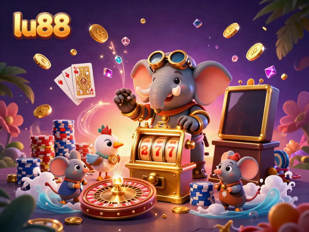 Engage with lu88's thrilling slot machine scene featuring cascading coins, colorful poker chips, and a steampunk engineer.