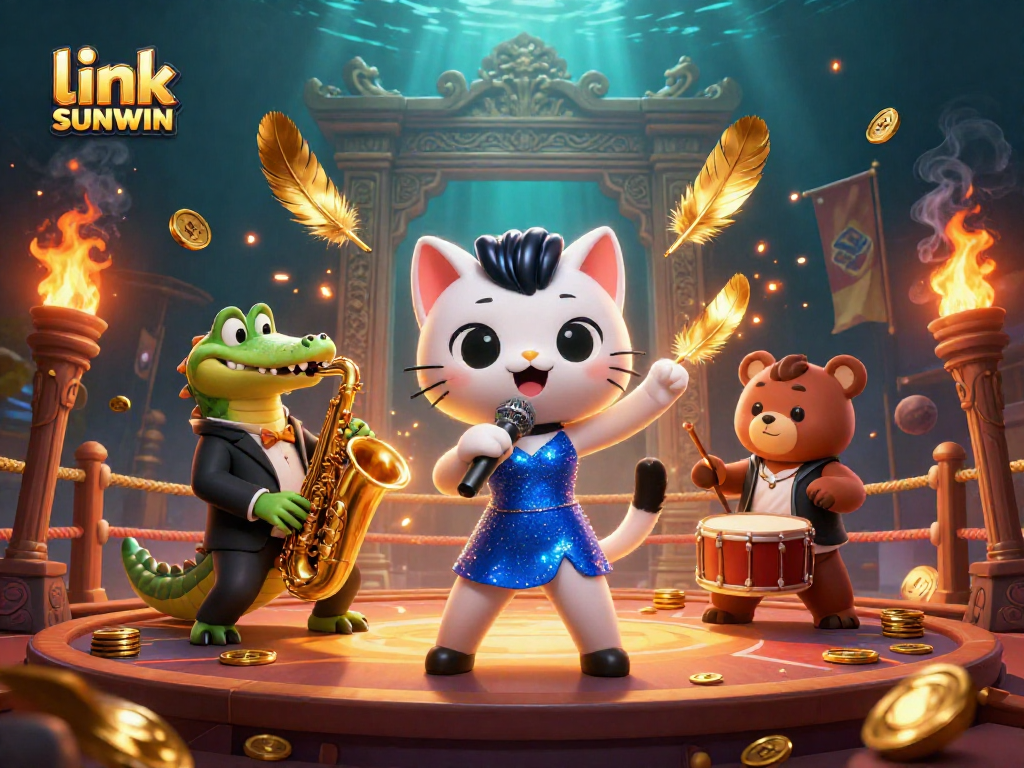 Join the excitement with link SUNWIN in this vibrant casino scene featuring jazz cats and golden game elements!