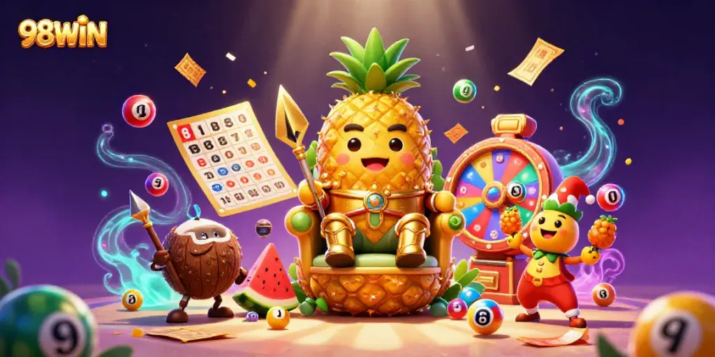 Engage in vibrant gaming excitement with 98WIN’s illustrated casino scene featuring lively characters.