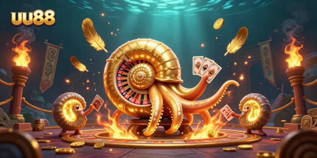 Experience thrilling casino action with uu88, featuring a giant nautilus as a roulette wheel and glowing ammonites.