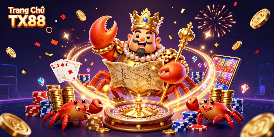Engage in the thrilling world of Trang Chủ TX88 with a golden crab emperor and vibrant casino elements in action.
