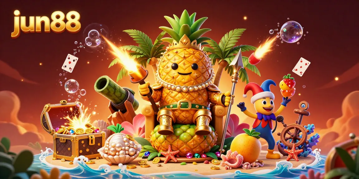 Win big with jun88 in this vibrant 3D casino scene featuring a golden pineapple king and spectacular game elements.