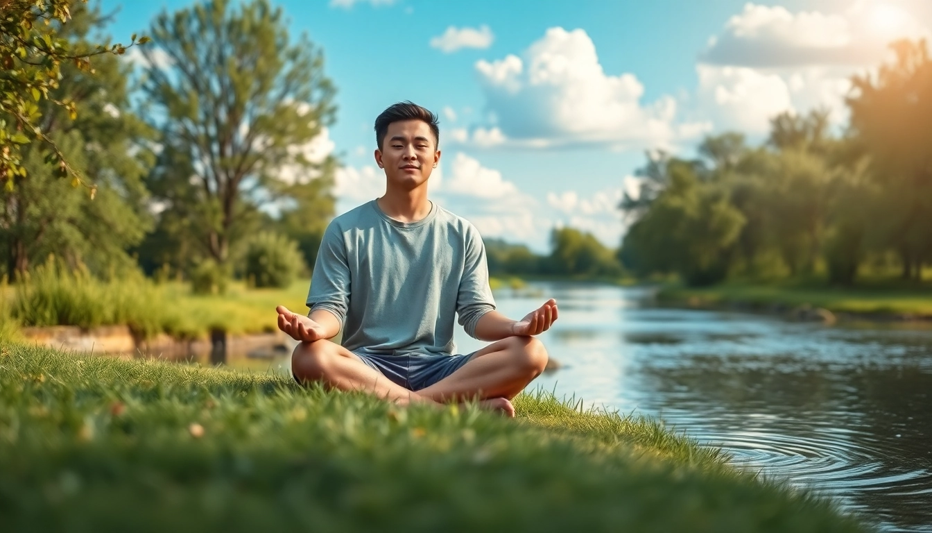 Individual meditating to alleviate stress and anxiety in a peaceful outdoor setting.