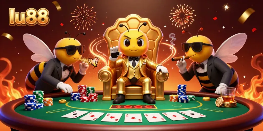 Experience the dynamic gambling scene at lu88 with a cartoon mob boss and luxury casino elements.