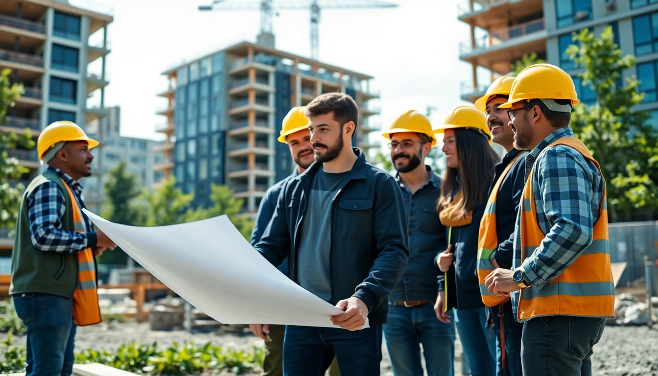 New Jersey Commercial General Contractor team discussing plans on a vibrant construction site.