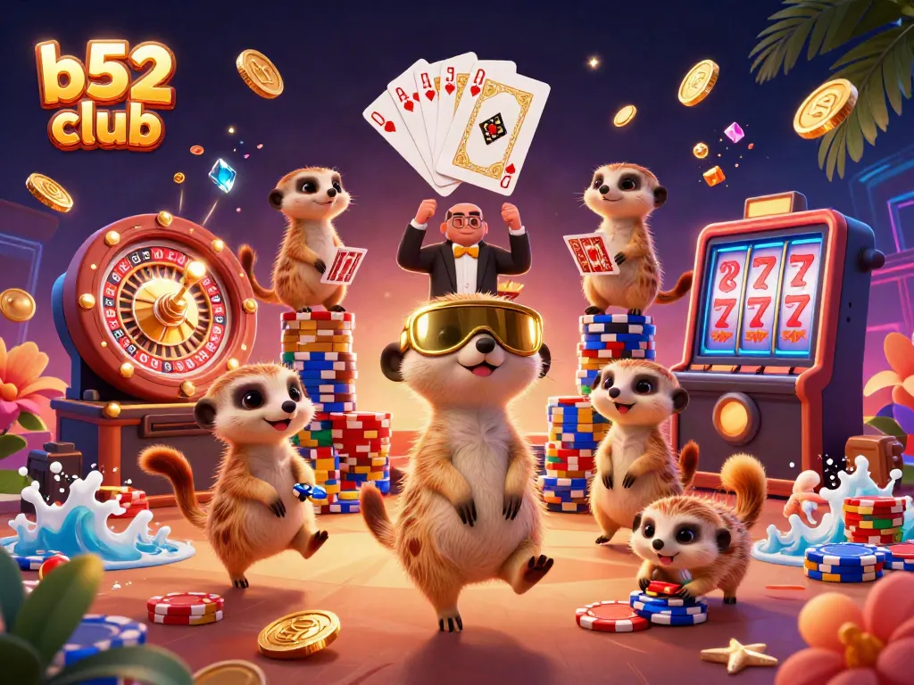 The b52 club showcases a lively scene of meerkats managing a casino, with gold coins and cards in play.