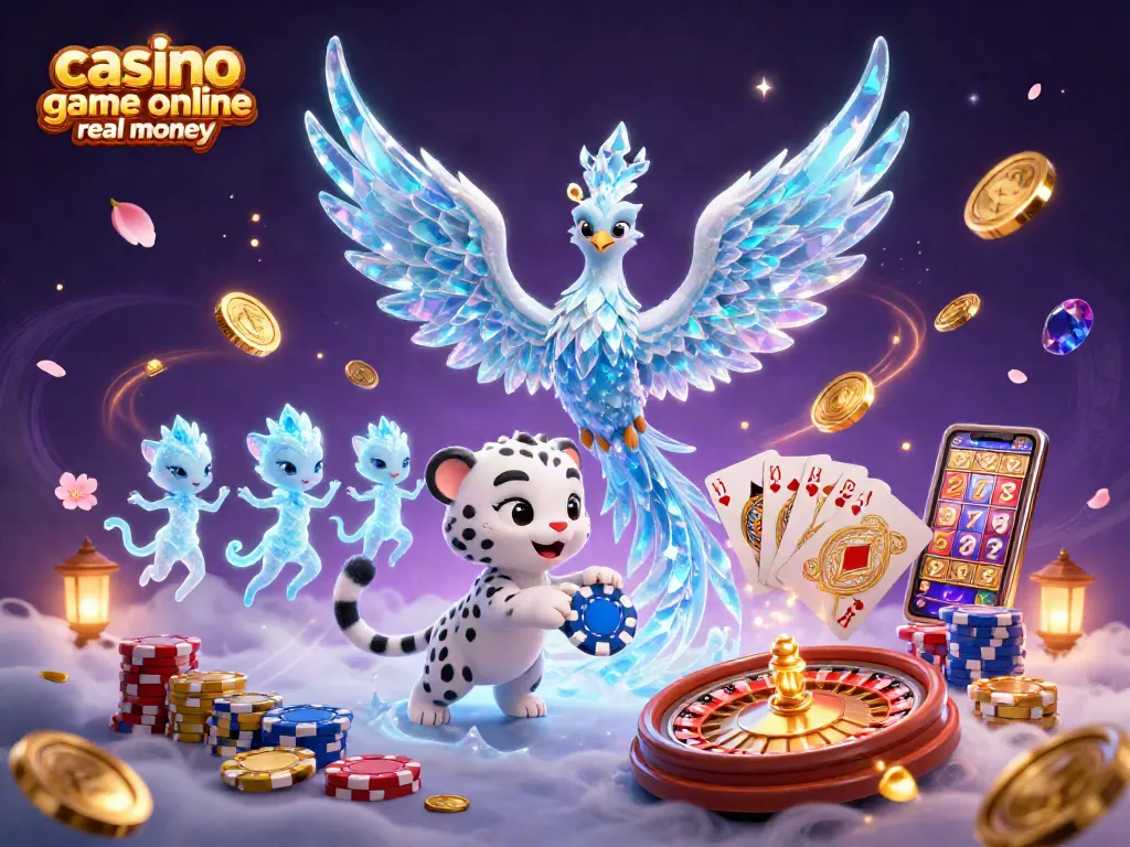 Engage with the vibrant scene showcasing casino game online real money with mythical creatures, cards, and spinning roulette.