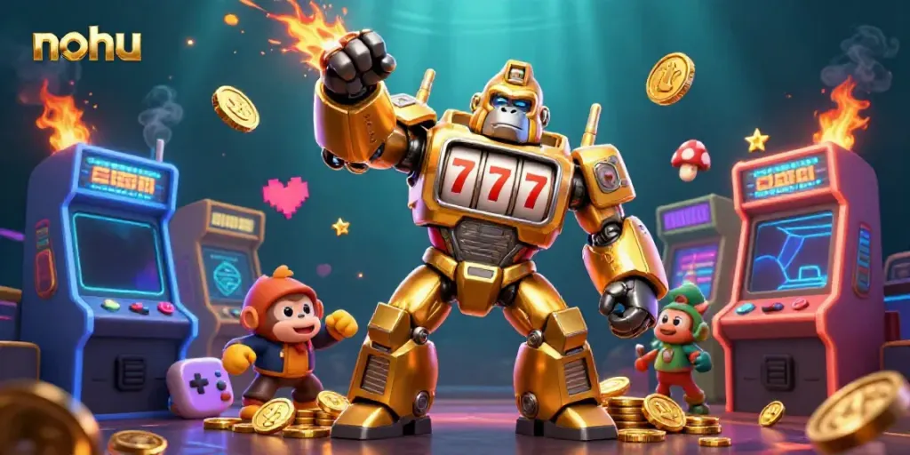 Nohu jackpot action with a golden gorilla mech and coins exploding