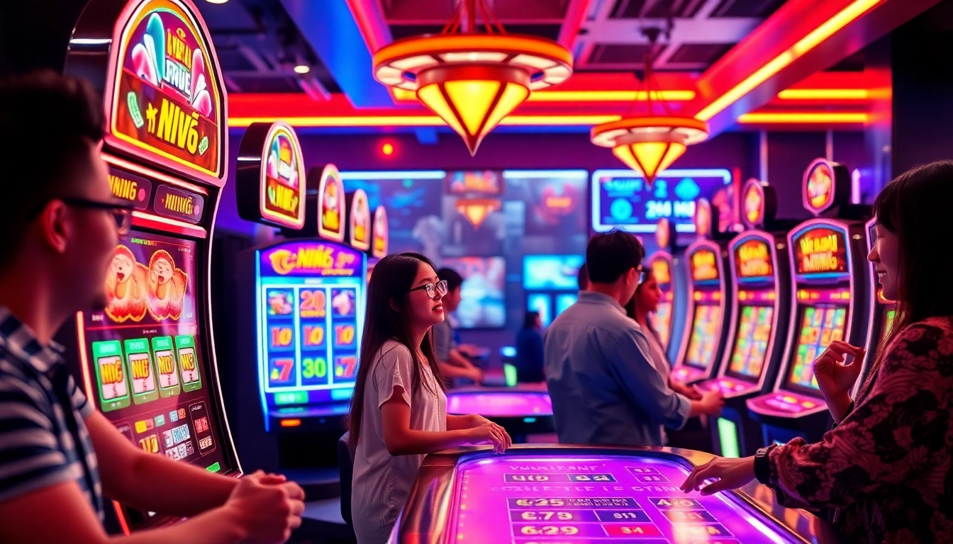 Nổ Hũ online gaming experience with colorful slot machines and excited players.