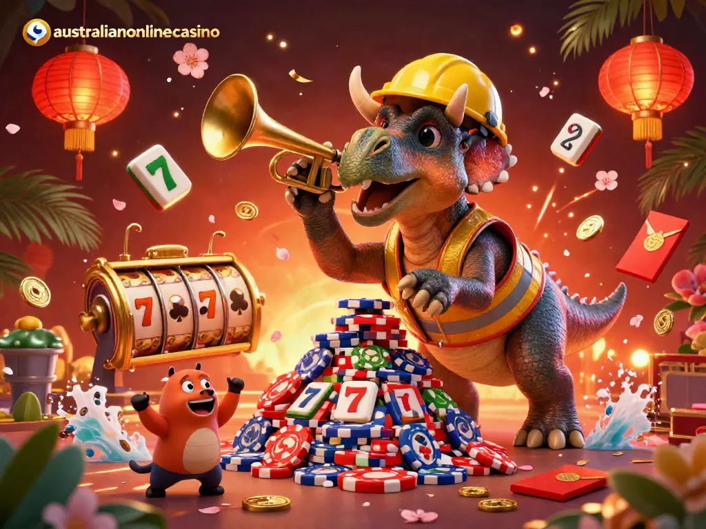 Join the celebration at australianonlinecasino with a triceratops building poker chips amidst dynamic gaming elements.