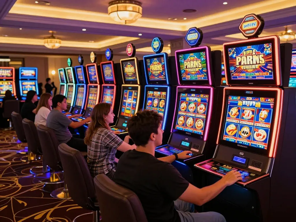 Engaging players at vibrant casino slots enjoying exciting paris slot games with neon lights.