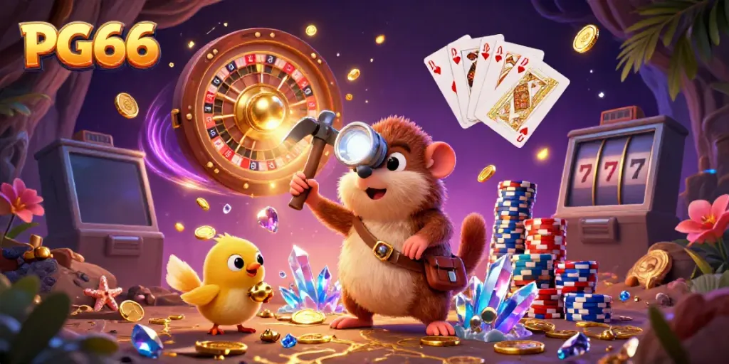 Experience slots and jackpots at PG66 with vibrant 3D illustrations of casino elements.