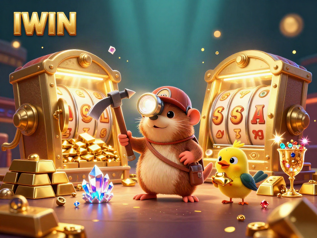 IWIN treasure hunter mole explores a casino scene filled with gold, jackpots, and vibrant lights.