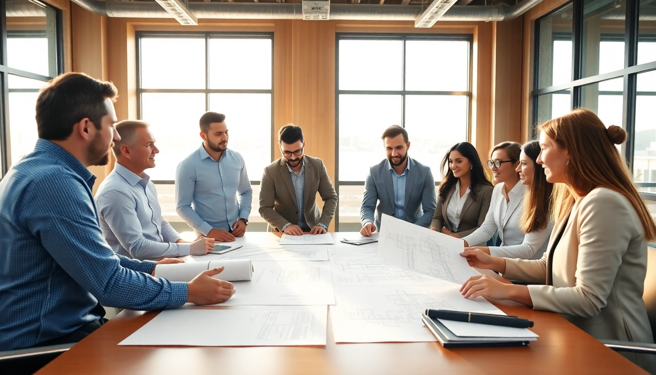 Construction association professionals collaborating on project plans in a modern office.