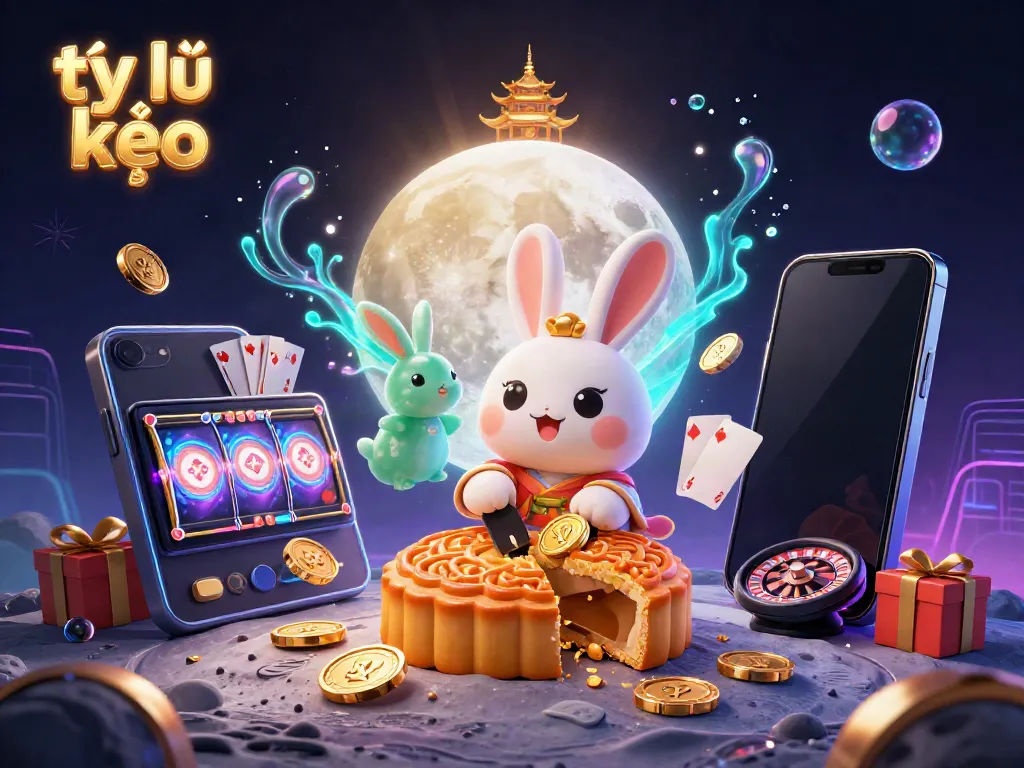 Engage with the dynamic scene of tỷ lệ kèo illustrated with a moon rabbit revealing poker chips and a vibrant casino atmosphere.