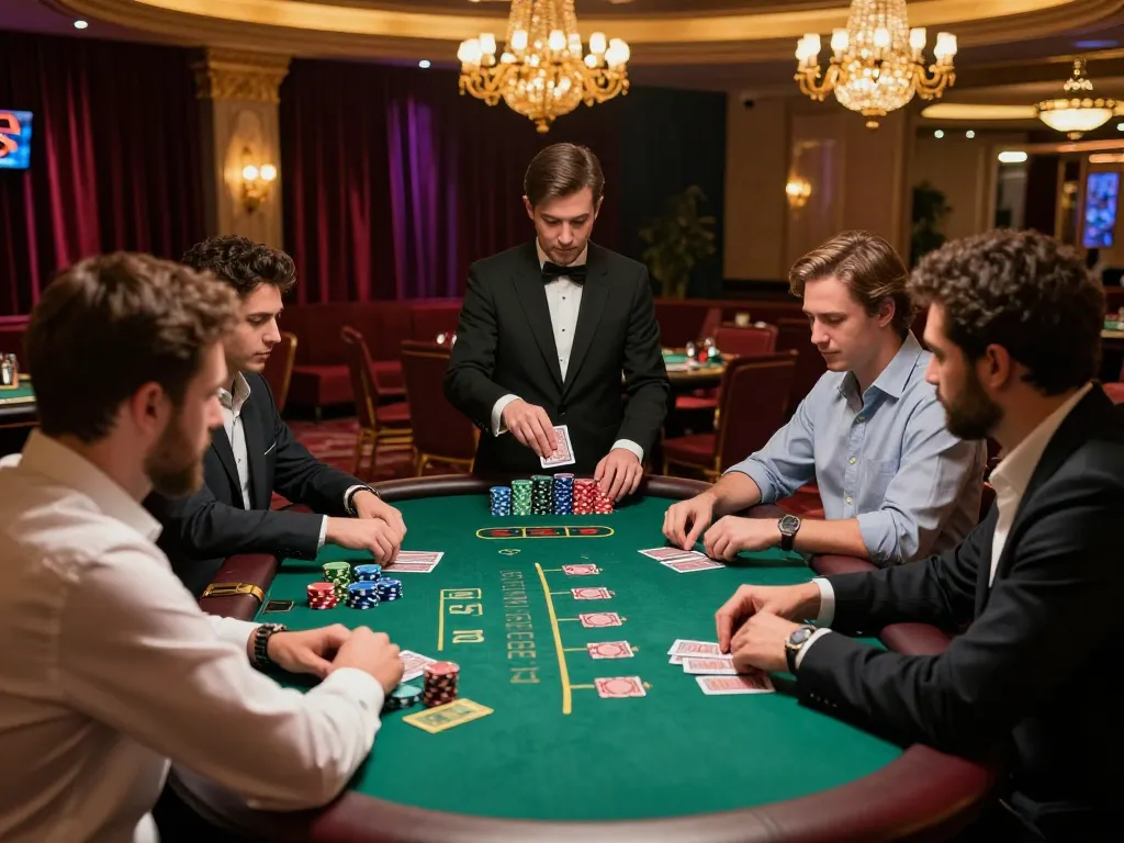 Exciting blackjack gameplay at a luxury casino table featuring da88gg players interacting with chips and cards