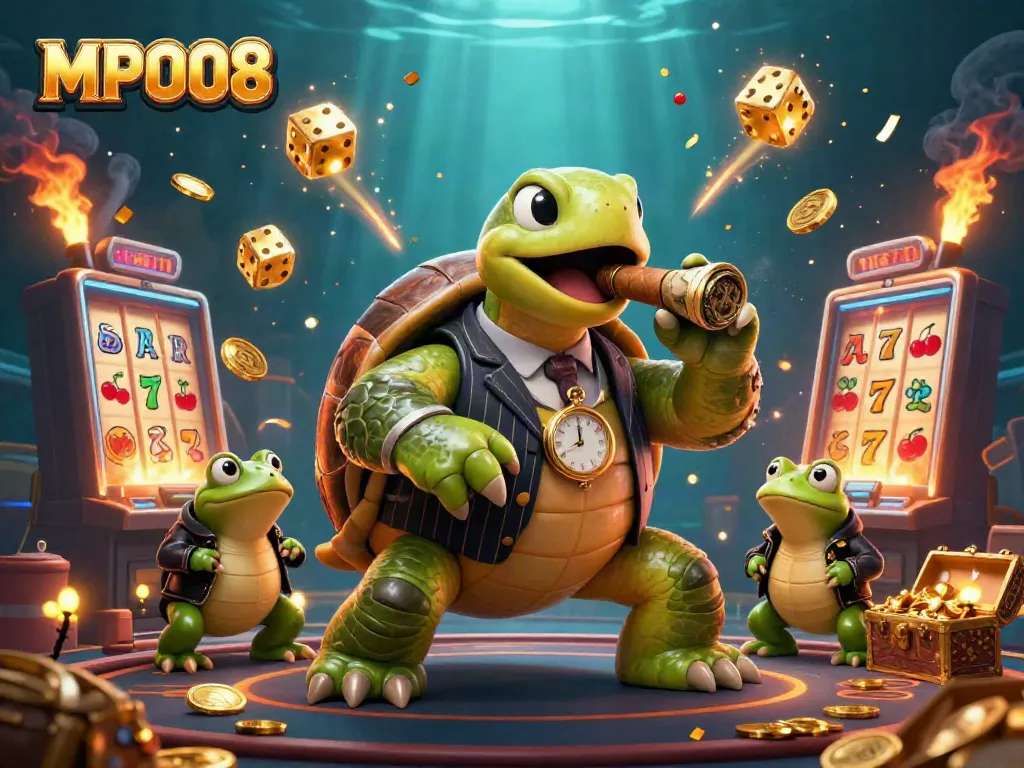 Experience thrilling MPO08 casino action with cartoon characters, slot machines, and jackpot excitement.