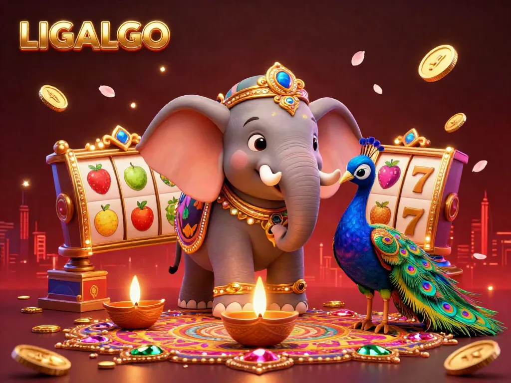 LIGALGO offers a vibrant casino experience with a colorful elephant and peacock amidst slot reels and glowing gold coins.
