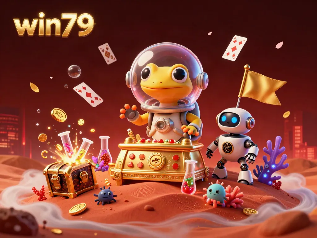 Experience the excitement of win79 with a lively Martian gecko uncovering a golden casino amidst dazzling treasures.
