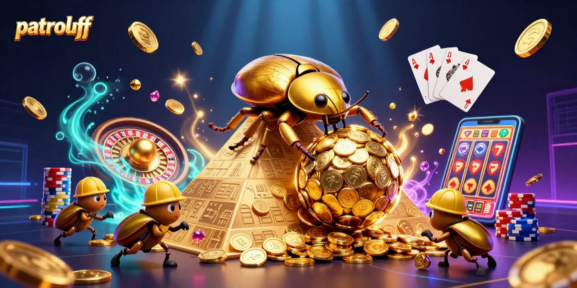 Experience exciting slots at patroloff with golden beetles and casino symbols.