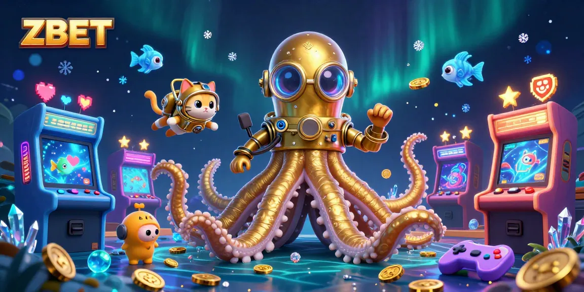 ZBET brings excitement as a kraken, diving cat, and deep-sea fish engage in a vibrant casino-themed scene.