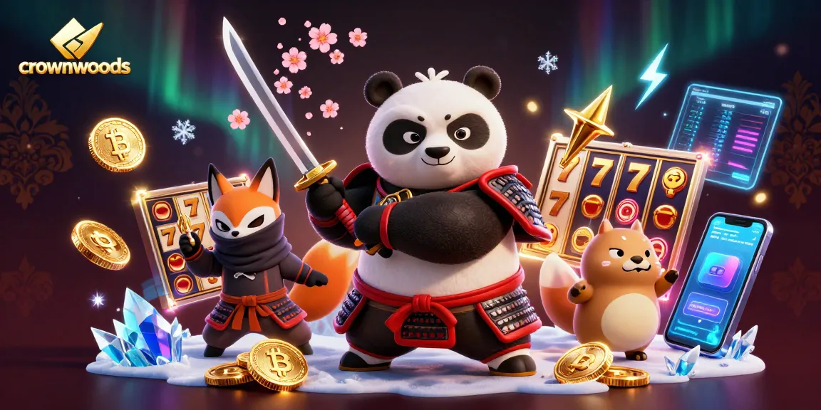 Experience top-notch gaming at crownwoods with a vibrant 3D illustration of a panda samurai and ninja fox in an exciting casino.