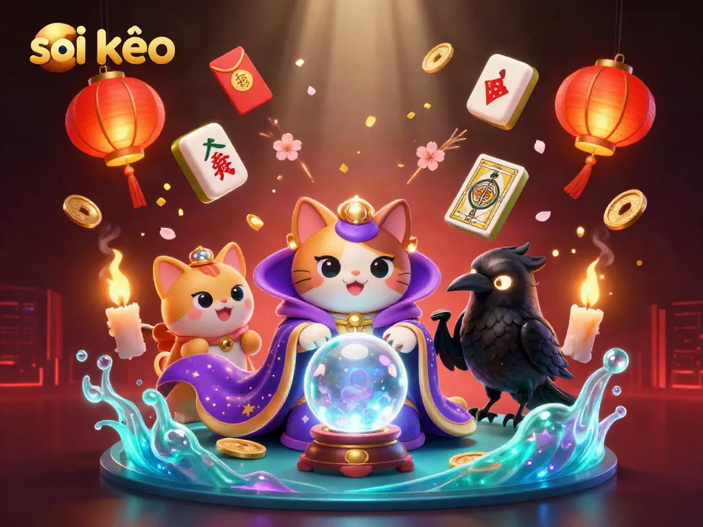 Engage with soi kèo strategies featuring a mystical cat and raven in a vibrant, animated casino scene.
