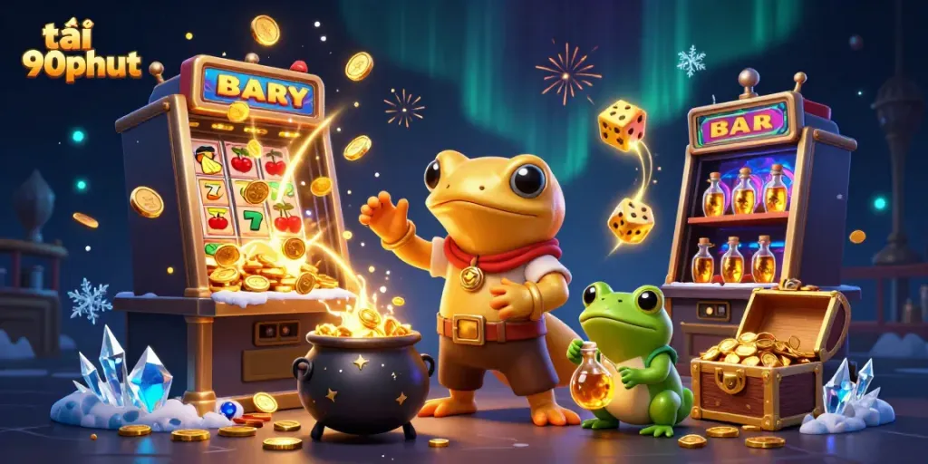 Engage with the enchanting scene as tải 90phut brings to life a magical alchemist and frog apprentice amidst a vibrant gambling theme.