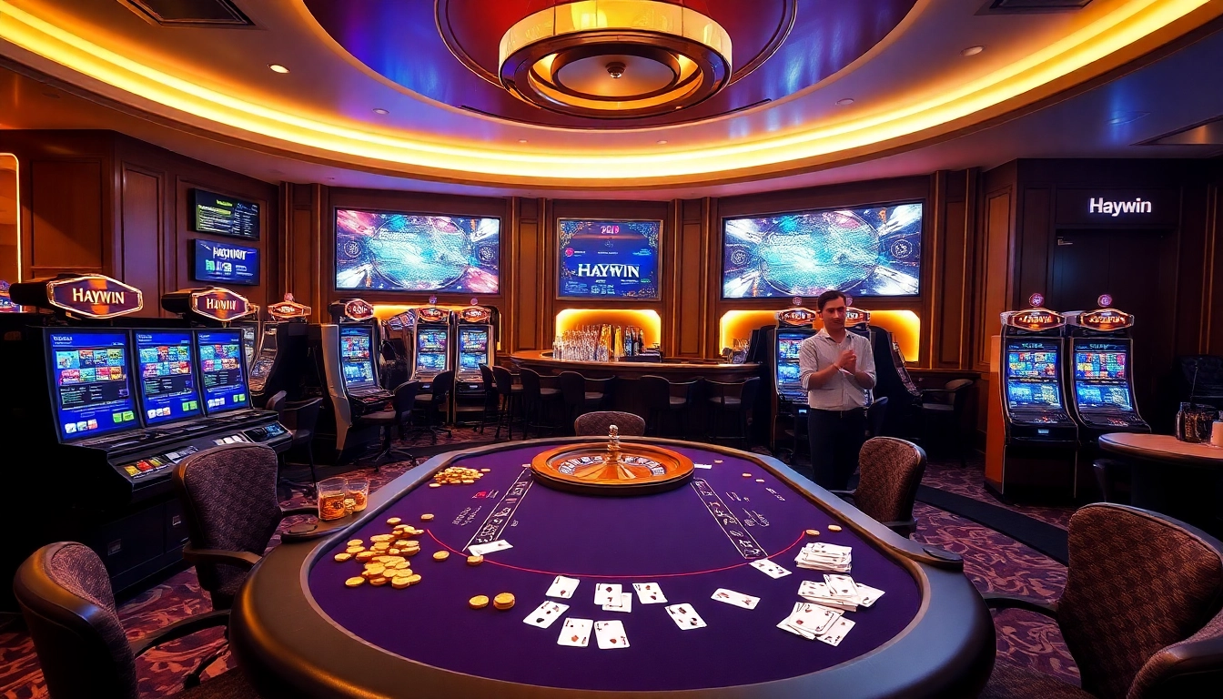 Experience Haywin poker action with players strategizing over a vibrant casino table.