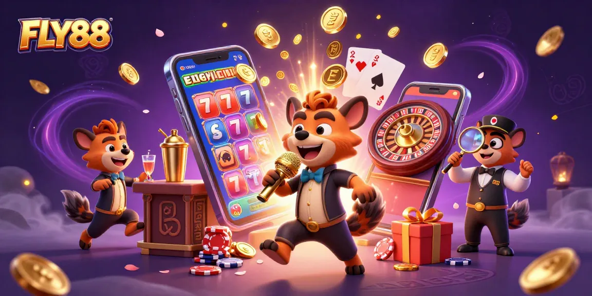 FLY88 offers exciting gaming experiences as hyenas entertain in a vibrant casino setting.