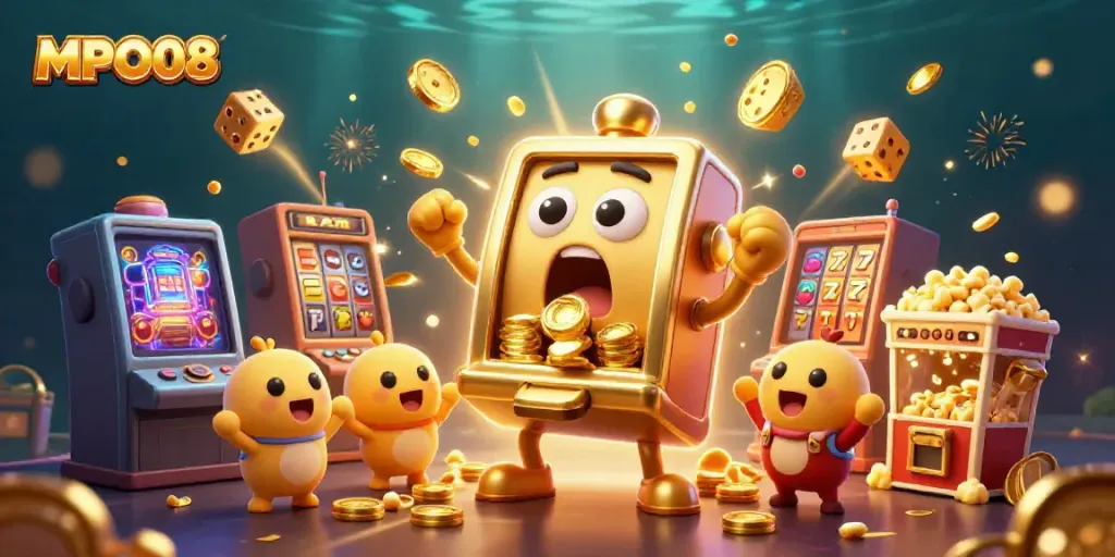 Experience mega wins with MPO08 as animated slot machines celebrate jackpot surprises!