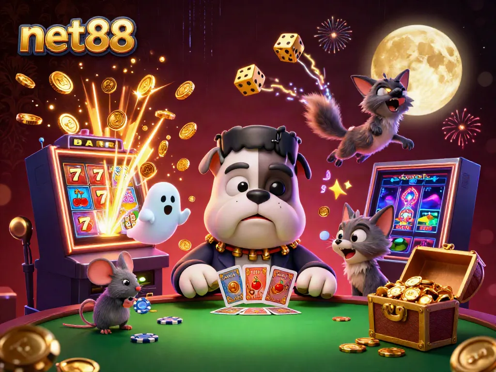 Experience exciting net88 gameplay with a mystical 3D scene full of characters and slot machines.