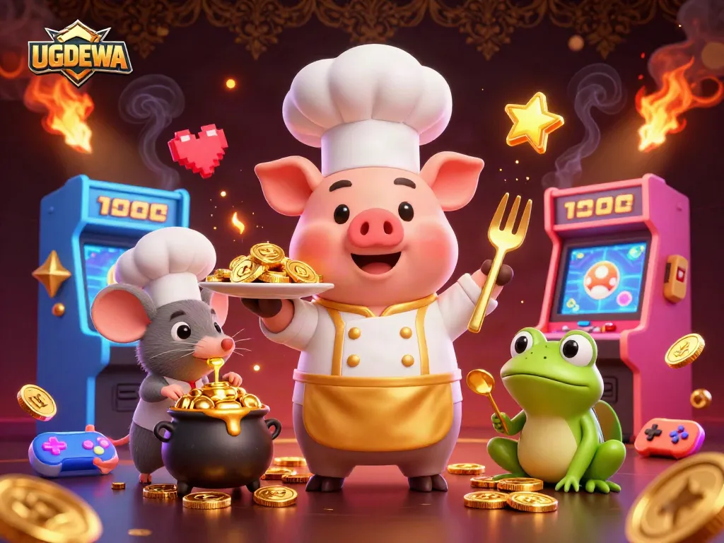 Experience fun gaming with UGDEWA, featuring a chef pig serving gold coins in a dynamic casino scene.