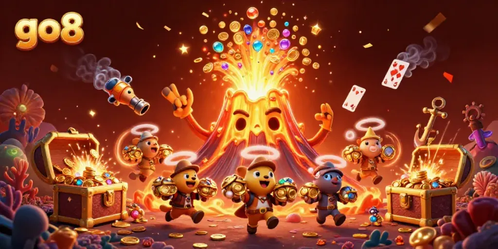 Experience the thrill of go8 gaming with treasure-filled 3D eruption and animated casino elements.
