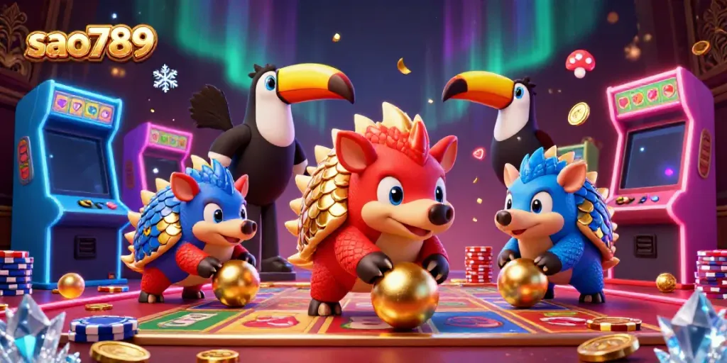 Engaging scene of rival pangolins competing in a thrilling sao789 casino game with vibrant visuals.